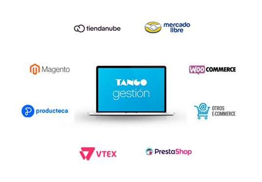 Tango Gestión y logos de plataformas de e-commerce como Tiendanube, Mercado Libre, WooCommerce